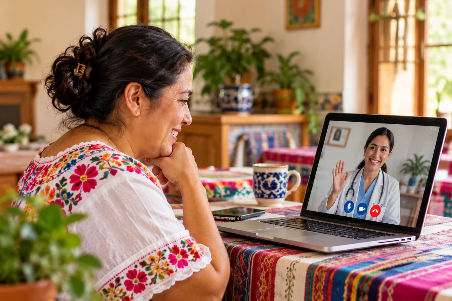 Mujer mexicana realizando videoconsulta médica con doctora desde casa